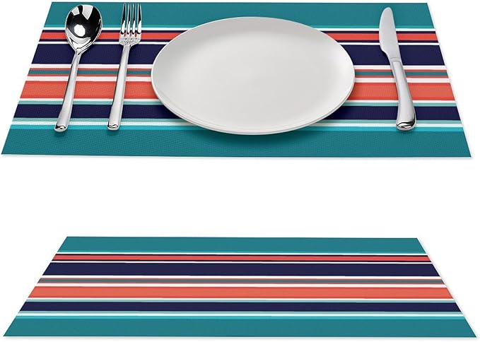 Modern Navy Teal Coral Navy Stripes Placemat, Set of 4 Heat Resistant PVC Place Mats for Kitchen Table