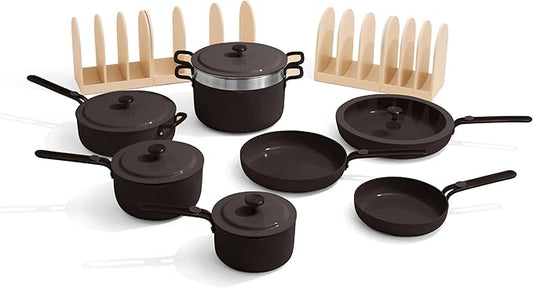 Our Place 17-Piece Essentials Complete Cookware Set - Ceramic Fry Pans, Saucepans, Saut챕 Pan, Stock Pot, Strainer Basket & Modular Storage | Thermakind??Nonstick, Oven Safe up to 450째F | Char