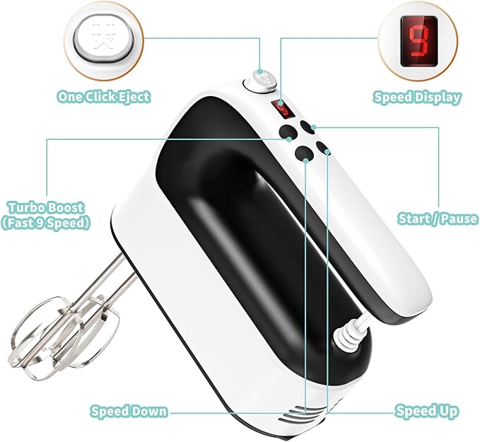 9-Speed Digital Hand Mixer Electric, 400W Powerful DC Motor, Baking Handheld with Snap-On Storage Case, 5 Stainless Steel Accessories, Flat Beaters, Dough Hooks, Whisk(White/Black)