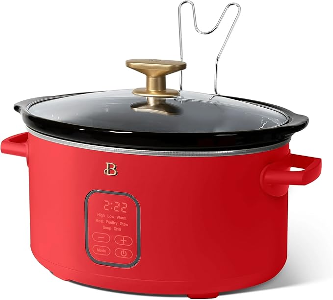 Beautiful 6 Quart Programmable Slow Cooker, 5 Cooking Presets, Digital Countdown Timer, Dishwasher Safe Parts by Drew Barrymore (Tomato Red)
