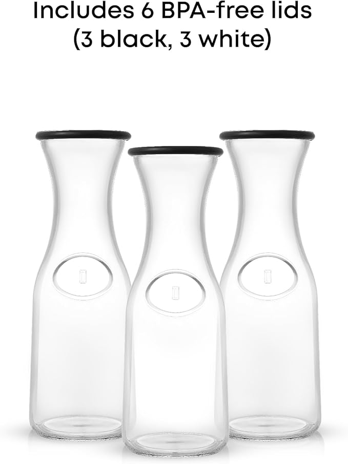 JoyJolt Glass Carafe with Lid, Set of 3 ??1 Liter Glass Pitcher for Mimosa Bar, Water, Iced Tea, Juice, Wine, Lemonade, Milk ??Dishwasher Safe Beverage Drink Dispensers for Brunch, Parties