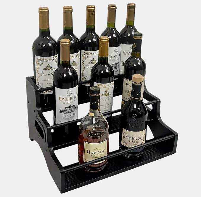 AT-VALY 3-Tier Liquor Bottle Display Shelf, Iron&MDF Countertop Wine Rack, Liquor Cabinet for Home Decor, Mini Bar(Black Grain)