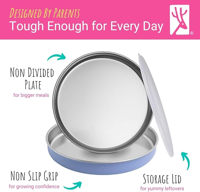 Elk and Friends 7.8??Stainless Steel Non Divided Plates with Silicone Sleeve + Storage Lid | Baby, Toddler, Kids | Dishwasher Safe | Dinner & Snack Plates | 2 Pack