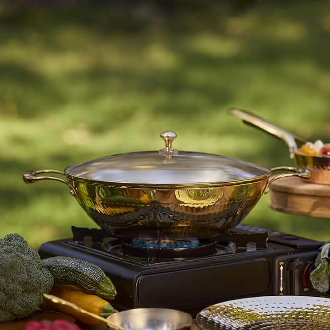 P-TAL Brass Kadhai 1.5L with Insulated Heat-Resistant Handle and Glass Lid | 100% Pure Brass Tin Coated Kadai for Cooking | Non-Stick and Chemical-Free (Glass Lid 1.5 Litre)