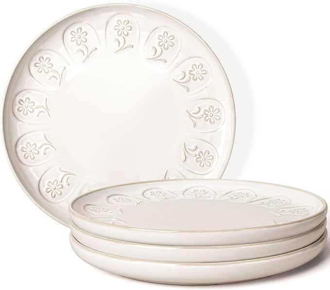 Artena Large Ceramic Dinner Plates Set Of 4, 10.75 Inch Embossed Kitchen Salad Plates, Modern Serving Plates For Restaurant, Plates With Lipped Edges, Microwave Dishwasher Safe (Pinwheel Flower)