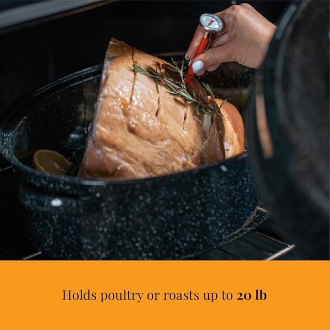 Granite Ware 19 inch oval roaster with Lid, Oval Rack included (Speckled Black) - design to accommodate up to 20 lb poultry/roast. Resists up to 932째F