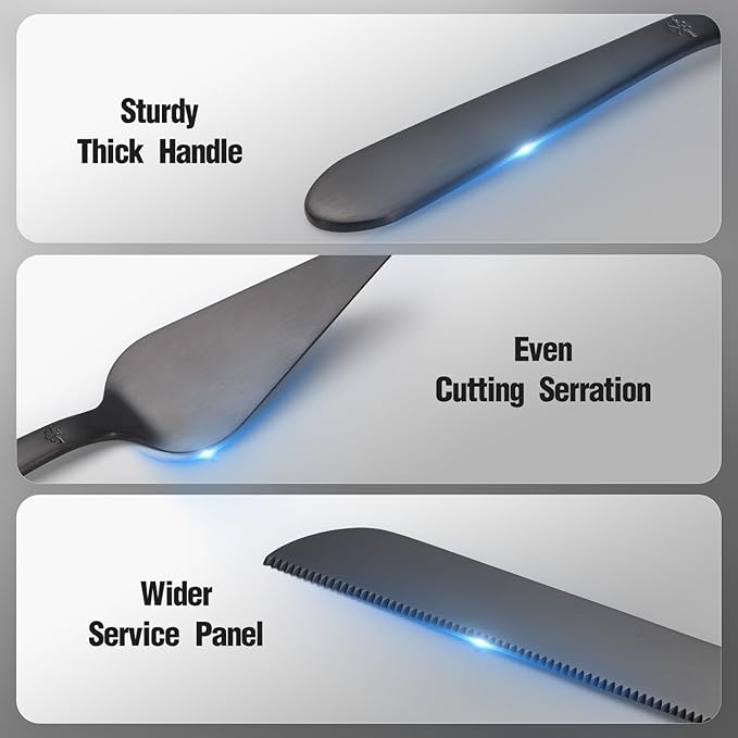Wedding Cake Knife and Server Set, Integral Stainless Steel Longer Cake Cutter and Wider Pie Spatula, Elegant Cake Cutting Serving Set for Party Birthday Bridal Shower Set of 2, Matte Black