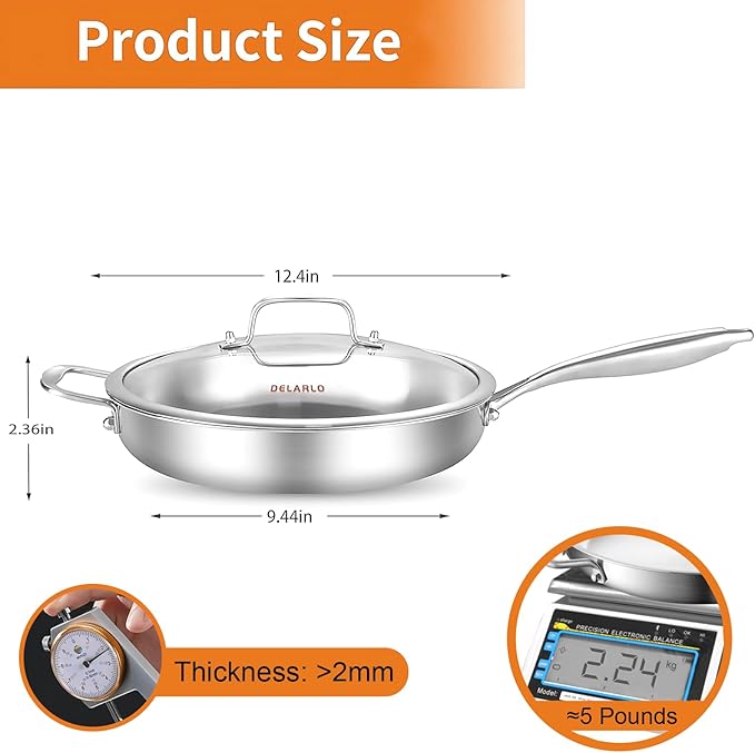 DELARLO Tri-Ply Stainless Steel Pan with Lid 12inch訝쭯ompatible with All Cooktops Up to 600?됦릅Stainless Steel Skillet 12 inch訝쭴eavy Duty訝쭲rying Pan with Lid訝?8/10 Large Cooking Surface
