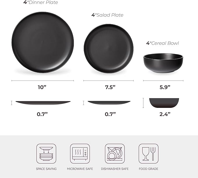 Furrnook 12-Piece Stoneware Dinnerware Set with Mugs | Microwave and Dishwasher Friendly | Stackable Matte Glaze Plates & Bowls | Service for 3 (Black for 4)