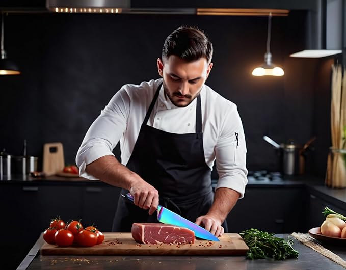 WELLSTAR Rainbow Knife Set 14 Pieces, Iridescent German Stainless Steel Kitchen Knives Set with Wooden Block, Colorful Titanium Coating, Chef?셲 Knife Block Set with Scissors and Built-in Sharpener