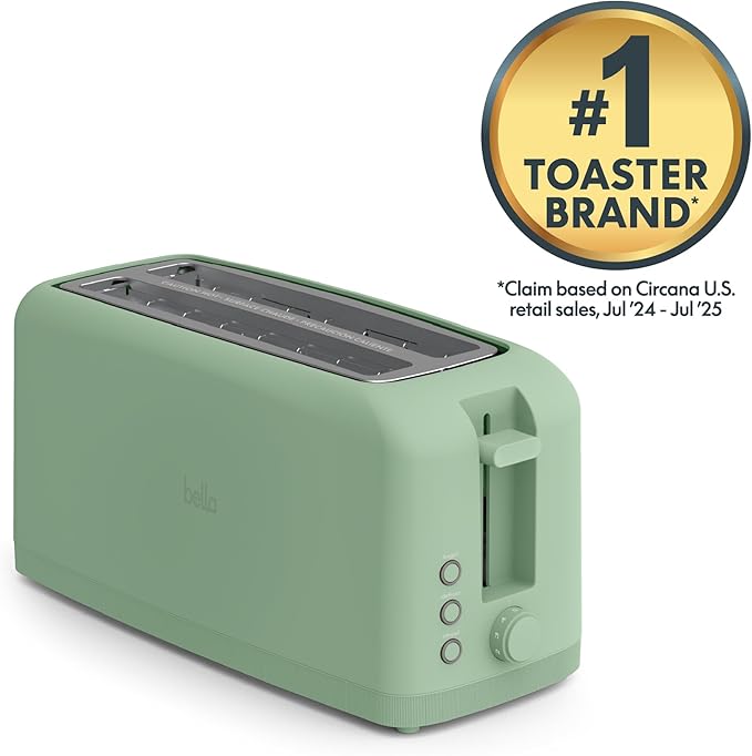 bella 4 Slice Slim Toaster, Fits-anywhere??Kitchenware, 6 Setting Shade Control with Reheat & Cancel Buttons, Fits Sourdough, 10??Long Slot, Anti Jam & Auto Shutoff, 900 Watt, Seaglass