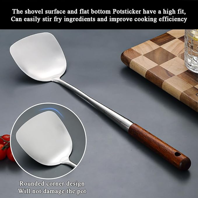17??Wok Spatula & Ladle Set, Stainless Steel Wok Tools with Wooden Handle, Heat-Resistant Chinese Turner & Deep Soup Ladle, 2-Piece Wok Utensils for Stir-Fry, Wok Accessories