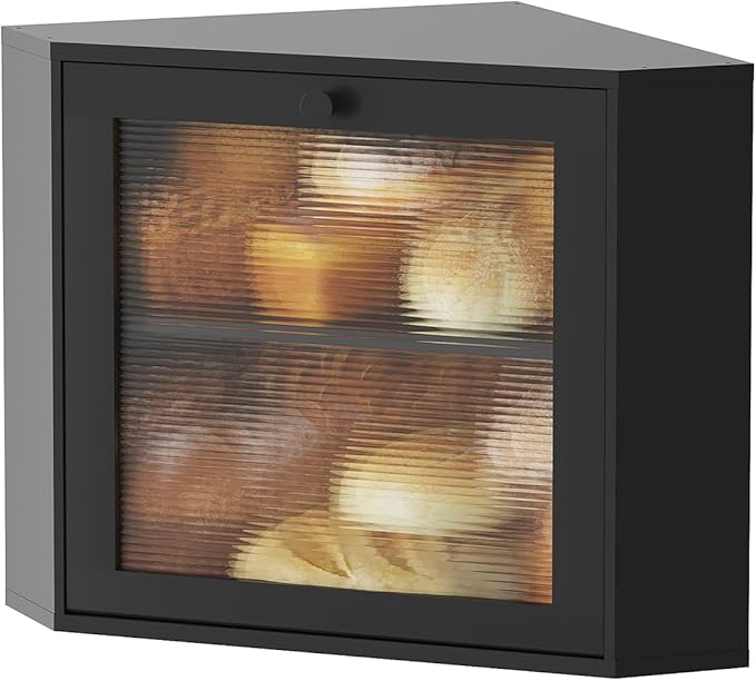 Black Corner Bread Box for Kitchen Countertop - Bamboo Wood, Wavy Acrylic Door, Adjustable 2-Layer Bread Storage Container, Large Bread Holder