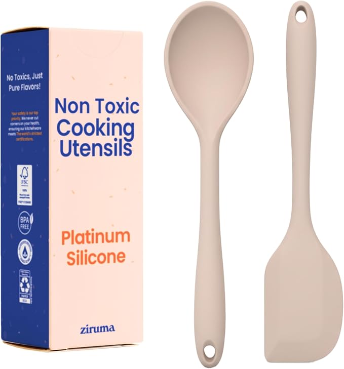 Non-Toxic Platinum Silicone Kitchen Utensil Set of 2 ??Non-Scratch Cooking Spoon & Spatula, 100% Plastic Free, Stainless Steel Core, Heat Resistant 500째F, Beige