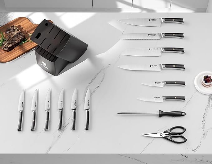 BRODARK Knife Set 15 PCS, Chef Knife Set with Block and Sharpener, High Carbon Stainless Steel Knife Block Set, Ergonomic Pakkawood Handle for Kitchen Cooking