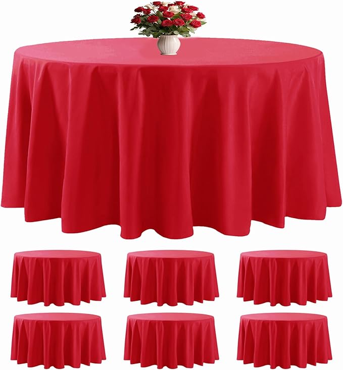 6 Pack Red Round Tablecloths 132 Inches Table Cloth Stain and Wrinkle Resistant Washable Polyester Table Cover Fabric for Party, Wedding,Dining,and Banquet Decoration