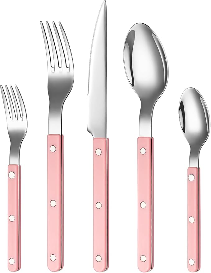 Khen Cutlery Set of 20, 18/8 Stainless Steel Flatware, Modern Silverware for Home, Kitchen, Dining & Table Setting for 4 ??Stainless Steel, Dishwasher Safe, Lightweight & Ergonomic Design Gift - Pink