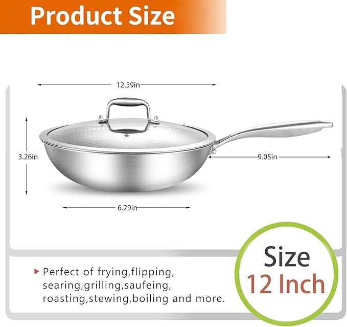 DELARLO 12" Nonstick Wok Pan With Lid, Tri-Ply Stainless Steel Saute Pan with Lids, 600?? 5QT Deep Frying pan, Induction Wok Nonstick,Woks & Stir-Fry Pans