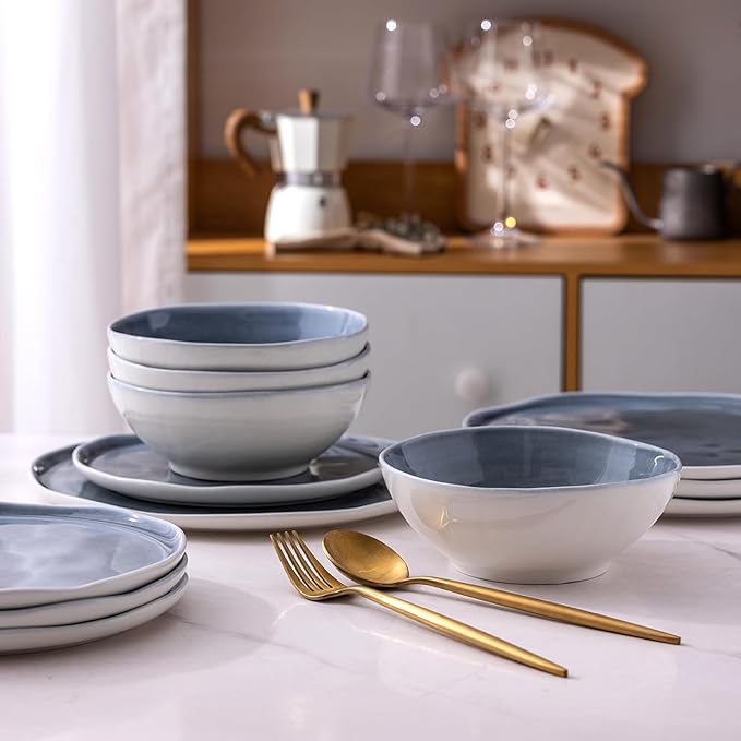 LERATIO Ceramic Dinnerware Sets for 6,Plates and Bowls Sets with Wavy Edge,Microwave & Dishwasher & Oven Safe,Light Weight & Scratch Resistant Dishes Sets-Service for 6 (18pcs)-Light Jean Blue