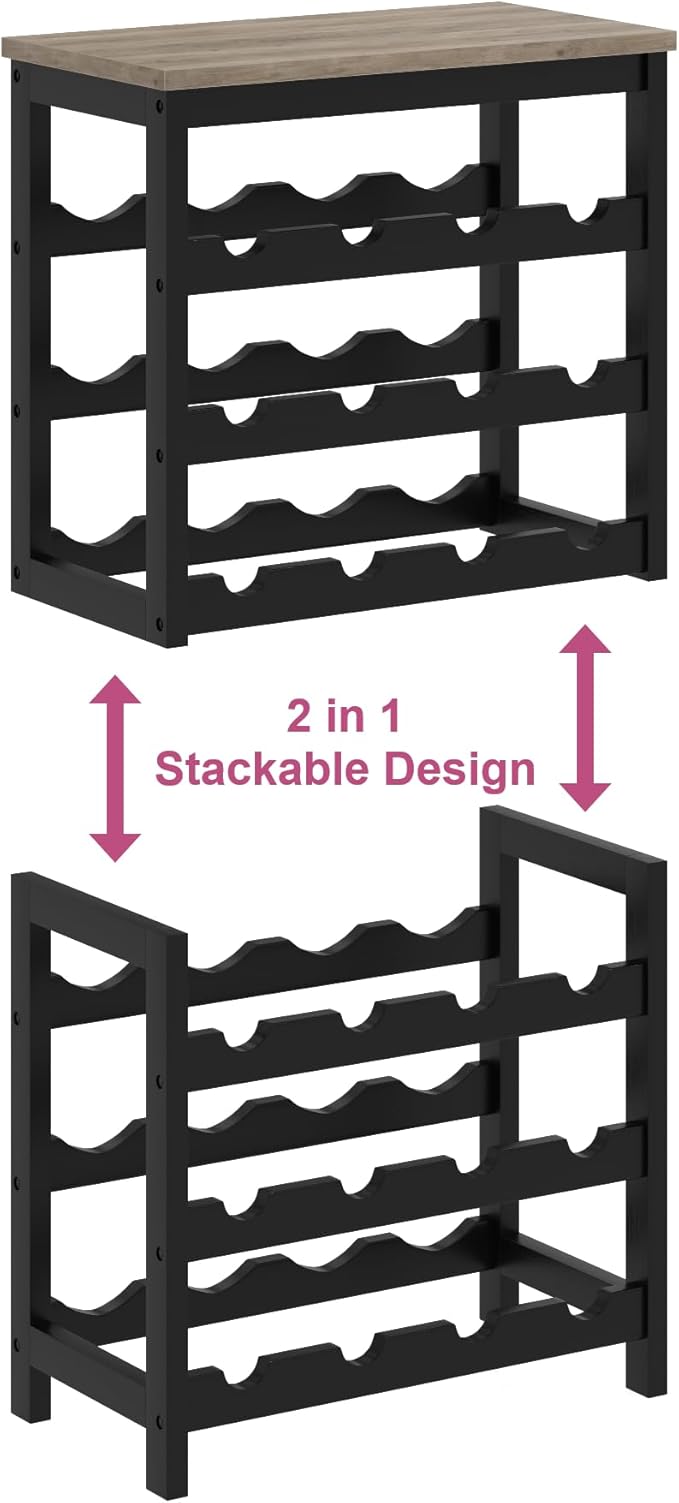 6 Tier Bamboo Wine Rack Freestanding Floor, 24 Bottles Wine Storage Shelves with Table Top, Stackable Wine Display Rack for Kitchen, Bar, Dining Room, Ivory White and Black