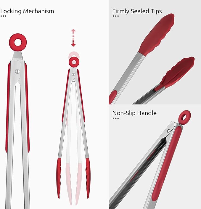 600쨘F Heat Resistant Kitchen Tongs: U-Taste 9+12 inch Silicone Cooking Tong Set with Firm Sealed Non Stick Rubber Tips and Silicon Coated 18/8 Stainless Steel Handle for Serving Grilling Salad(Red)
