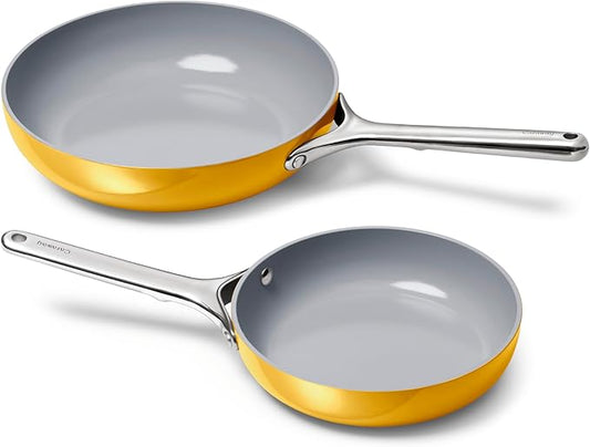 Caraway Fry Pan Duo - Nonstick Ceramic Frying Pan (8" & 10.5?? - Non Toxic, PTFE & PFOA Free - Oven Safe & Compatible with All Stovetops (Gas, Electric & Induction) - Marigold