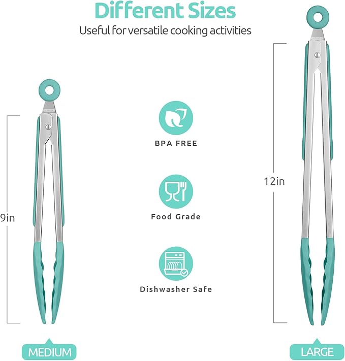 600쨘F Heat Resistant Kitchen Tongs: U-Taste 9+12 inch Silicone Cooking Tong Set with Firm Sealed Non Stick Rubber Tips and Silicon Coated 18/8 Stainless Steel Handle for Serving Grilling (Aqua Sky)