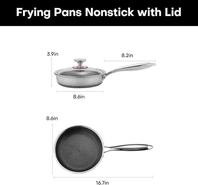 Lazycorner Non Stick Frying Pans Skillet with Lid, 8 Inch Stainless Steel Kitchen Cookware Pot, Non toxic Healthy Induction Compatible PFAS PTFE PFOA PFOS FreeCompatible PFAS PTFE PFOA PFOS Free