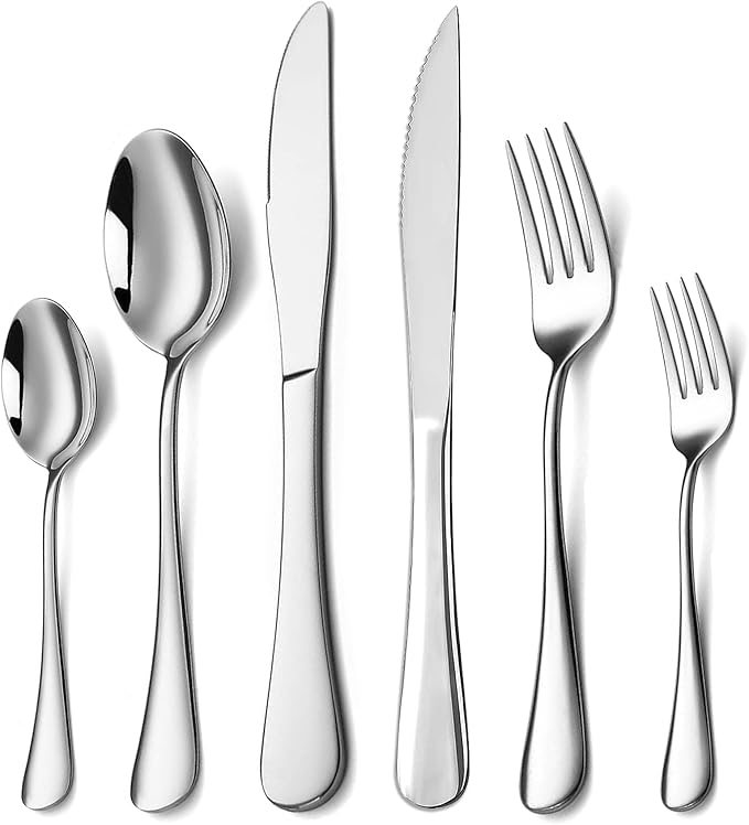 24-Piece Silverware Set with Steak Knives,Flatware Set for 4, Food-Grade Stainless Steel Tableware Cutlery Set, Mirror Finished Utensil Sets for Home Restaurant