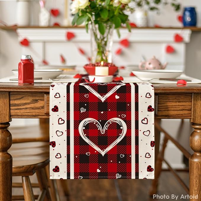 Artoid Mode Buffalo Plaid Love Hearts Valentine's Day Table Runner, Seasonal Kitchen Dining Table Decoration for Indoor Home Party 13x90 Inch