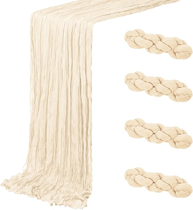 4 Pack Ivory Cheesecloth Table Runner 20 x 120 inch Gauze Table Runners 10 FT Long,Semi Sheer Cheese Cloth Fabric Table Runner Bulk for Wedding,Party,Baby Shower,Bridal Shower Decoration