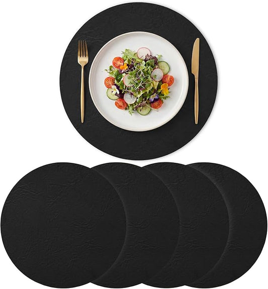 Artoid Mode Black Faux Leather Placemats Set of 4, 15 Inch Waterproof Wipeable Heat Resistant Place Mats, Reversible Table Mats for Kitchen Dining Decor
