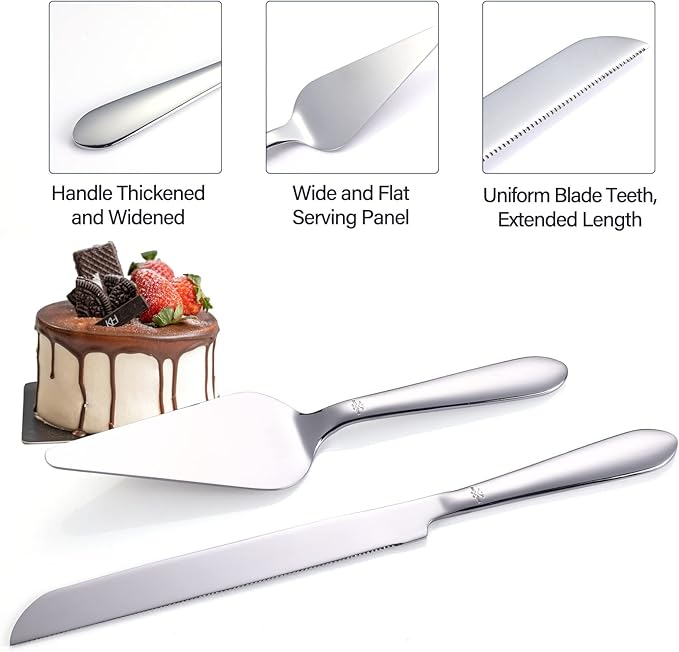 Cake Cutting Set for Wedding, Elegant Cake Knife and Server Set with Thickened Stainless Steel Rounded Edges, Cake Cutter and Pie Spatula for Birthday Anniversary, 2 Pcs, Silver