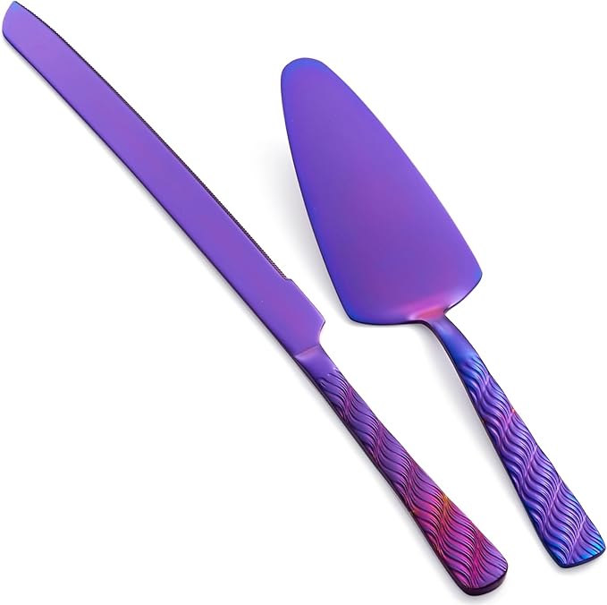 Purple Wedding Cake Knife and Server Set, Stainless Steel Cake Cutting Set, Cake Cutter and Pie Server for Wedding, Birthday, Party