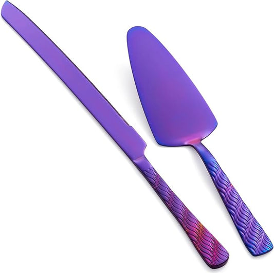 Purple Wedding Cake Knife and Server Set, Stainless Steel Cake Cutting Set, Cake Cutter and Pie Server for Wedding, Birthday, Party