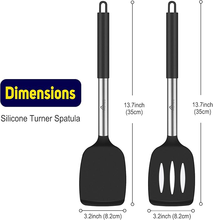 HOTEC Silicone Spatula Set of 2 Heat-Resistant 600째F & BPA-Free Kitchen SaptulaTurner with Stainless Steel Handles, Slotted & Solid Spatulas for Nonstick Cookware, 13.7 Inch, Black