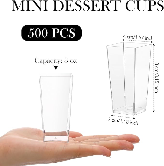 Uiifan 500 Pack 3 oz Mini Dessert Cups Square Tall Clear Plastic Parfait Cups Cheesecake Shooter for Desserts, Appetizers, Mousse Chocolate Dessert