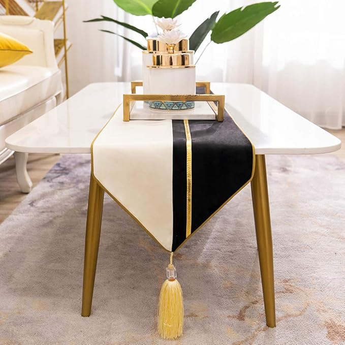 Avigers 12 x 90 Inch Decorative Luxury Black White Gold Leather Striped Patchwork Velvet Table Runners with Tassels for Home Living Room Bedroom Art Decor Wedding