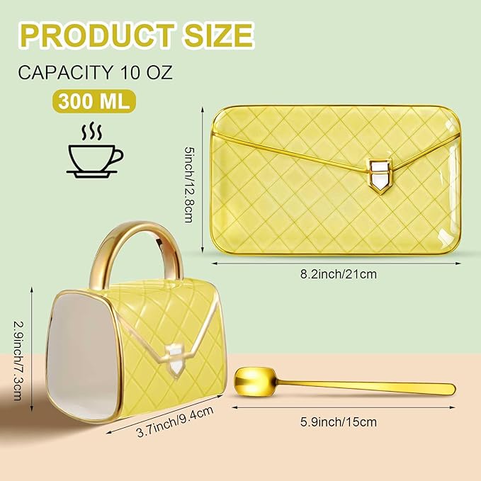 Zubebe 1 Set Coffee Mug Elegant Handbag Shaped Cup Valentine's Day Modern Ceramic Purse Mug with Spoon and Saucer, 10oz Cute Creative Tea Cup for Woman Girls Gift (Light Yellow)