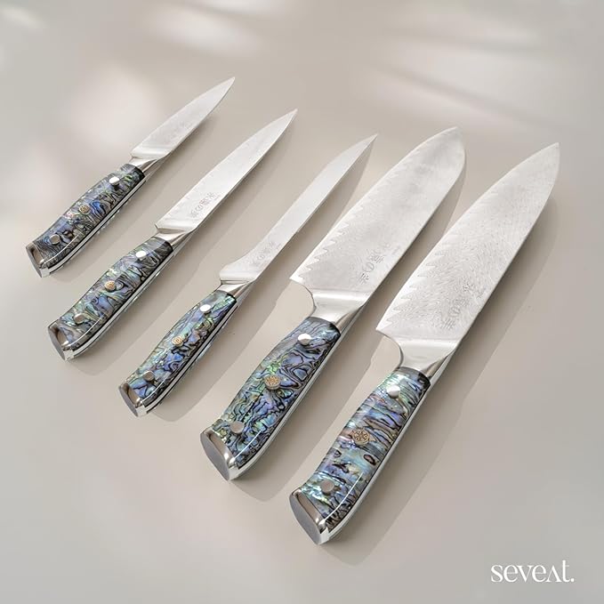 Damascus Kitchen Knife Set, 67-Layer Damascus Steel, Professional Chef Knives Set for Kitchen, Ergonomic Wood & Resin Handle (Blue, 5 pieces with Shell Handle)