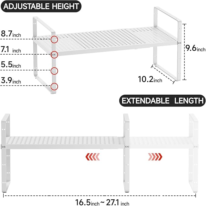 Expandable Cabinet Countertop Shelves 16.5-27?쇺셂, Adjustable Metal Spice Rack Organizer, Stackable Kitchen Counter Storage Shelves Organizers for Cabinet Organization, White