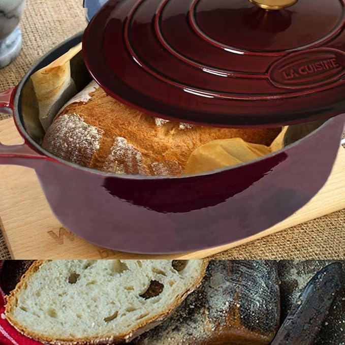 La Cuisine Enameled Cast Iron Oval Dutch Oven Casserole Dish Pot with Lid 6.75 QT Internal Matte Black Enamel Coating for bread baking, Gold-Plated Stainless Steel Lid Handle, Oven Safe up to 500째 F. Cranberry