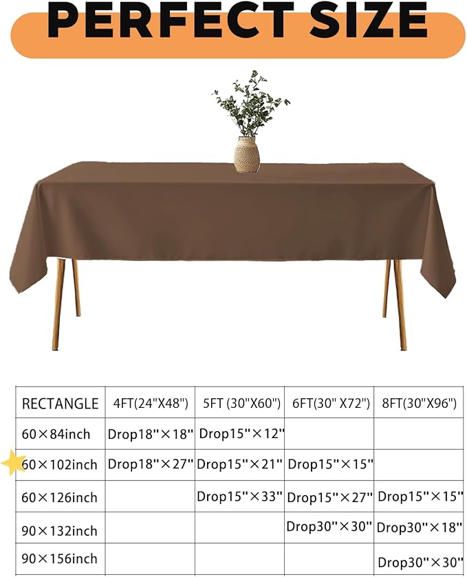 TWINPRET Rectangle Tablecloth 60 x 102 Inch, Brown Waterproof Washable Polyester Table Cloth - Stain & Oil Resistant Rectangular Table Cover for Banquet & Party (Fits 6 Foot Tables) [2 Pack]
