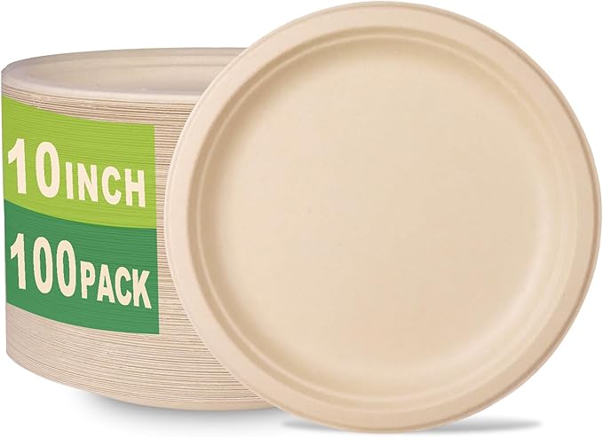 GreenWorks 100 Count 10??Heavy-duty Compostable Plates, Unbleached Biodegradable Bagasse and Bamboo fiber Paper Plates
