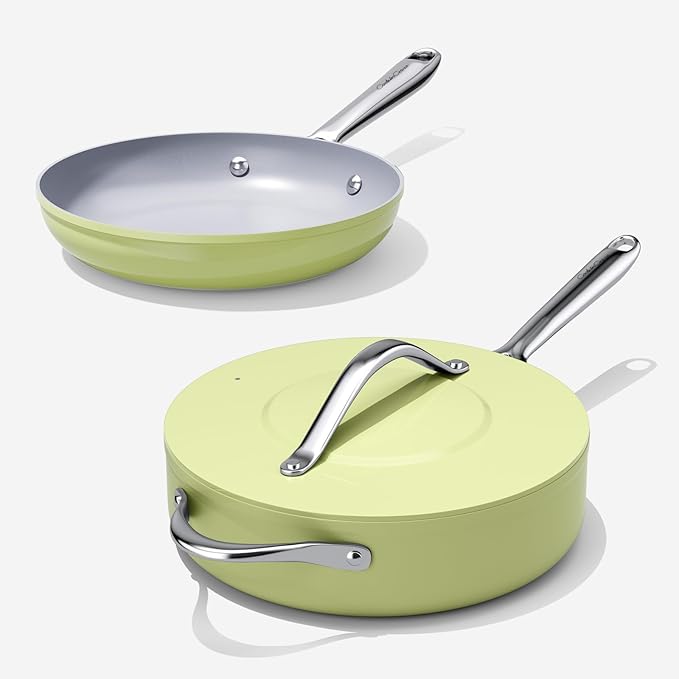 Nonstick Ceramic Cookware Set 10" Frying Pan & 11" Saut챕 Pan with Lid PTFE/PFOA/PFAS Free Induction Compatible Oven Safe to 500째F Non Toxic Ceramic Coating Olive Green