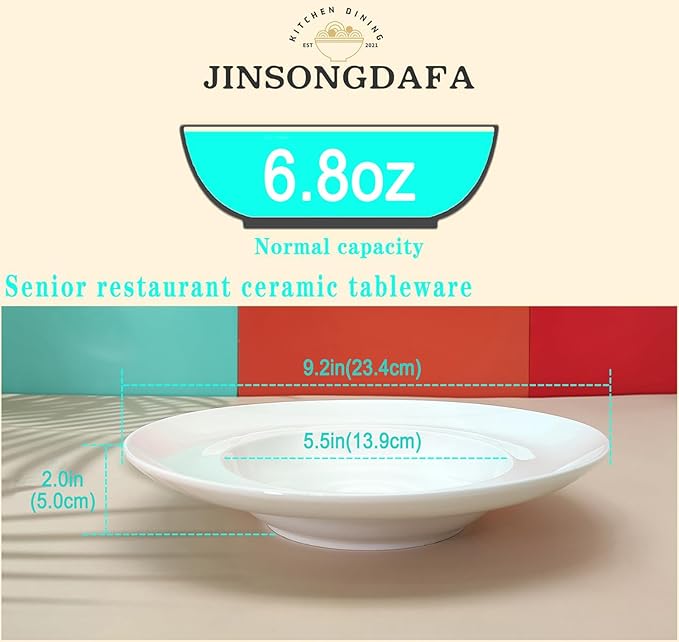 Pasta Plates with Rim 6.8 oz, Soup Bowl Pasta Bowl Set of 4, White Shallow Bowl Plate, Ceramic Wide Rimmed Soup Bowl, Best choice for high-end restaurants, hotels, and foodies, 9.2 Inch