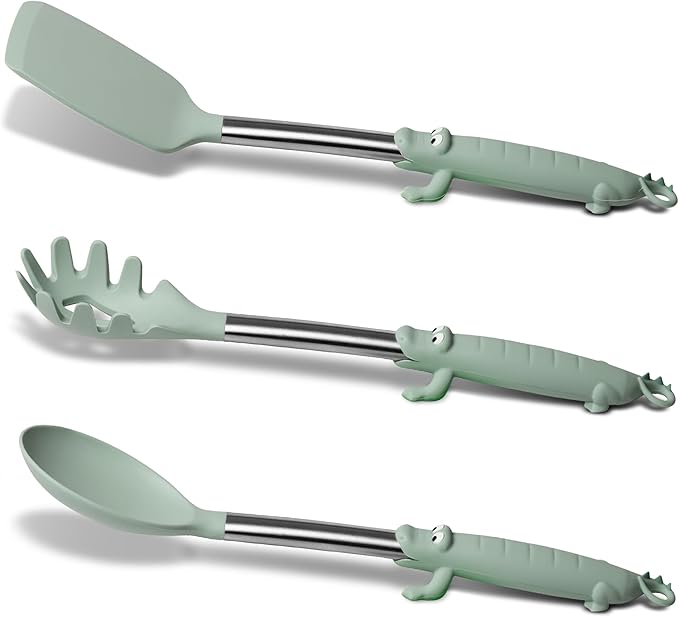 BONE Stylish Kitchen Utensils Set, Self-Standing Cooking Tools with Cute Croc Handle, Heat Resistant & BPA Free, Food Grade Silicone Cute Kitchen Utensils