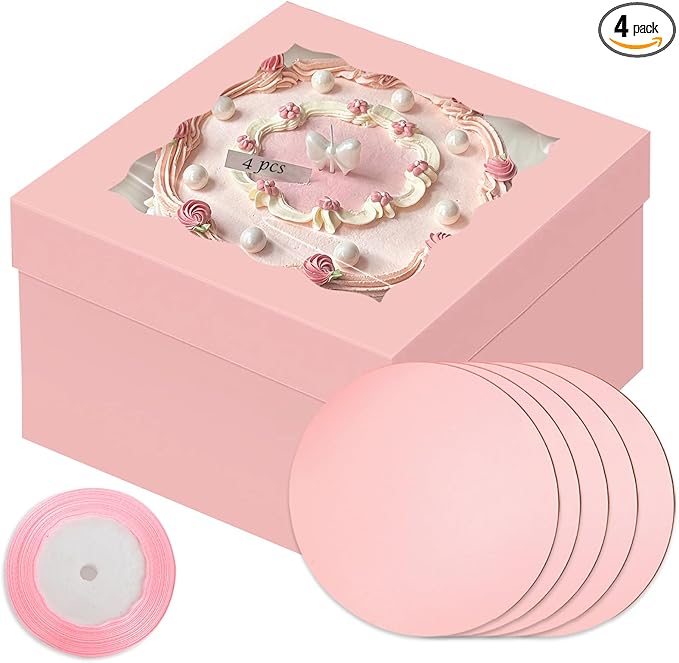 qiqee Pink 10x10x8 Cake Box, 4 Sets Cake Box with Window 竊?4 Sets 10" Cake Round Boards, 10inch Cake Containers, 10 Meters Pink Silk Ribbon Includes