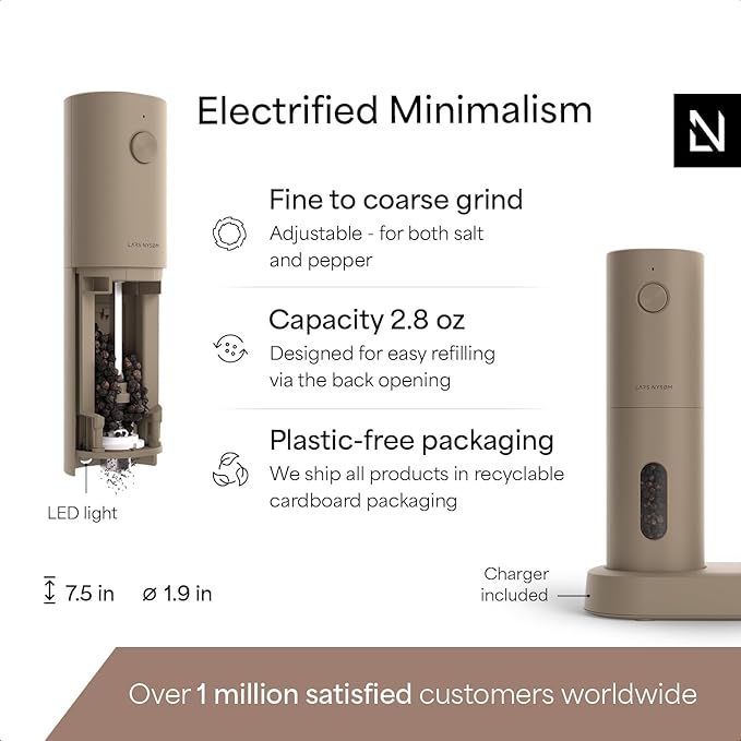LARS NYS횠M Electric Salt and Pepper Grinder Set, USB Rechargeable, Automatic Salt and Pepper Mills, Spice Shakers Refillable with LED Light, Adjustable Coarseness, Ceramic Grinder (Taupe Brown)