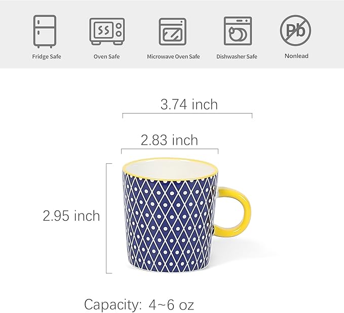 Selamica Ceramic Espresso Cups Set of 4, 5 Oz Espresso Mugs Porcelain Cappuccino Cups, Demitasse Cups for Coffee Latte Lungo Tea, Assorted Colors